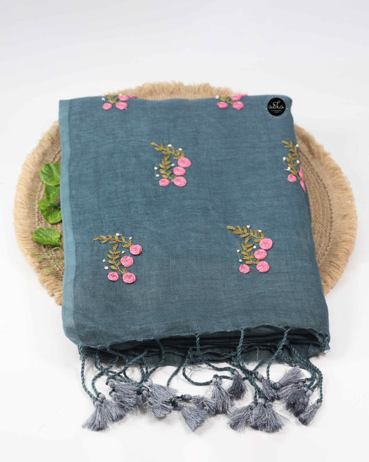 Dark green gray Pure Linen Saree with Floral Hand Embroidery and Bead Work