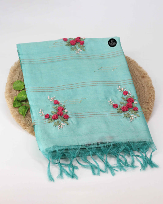 Light Turquoise Blue Pure Tussar Silk Saree with Floral Hand Embroidery