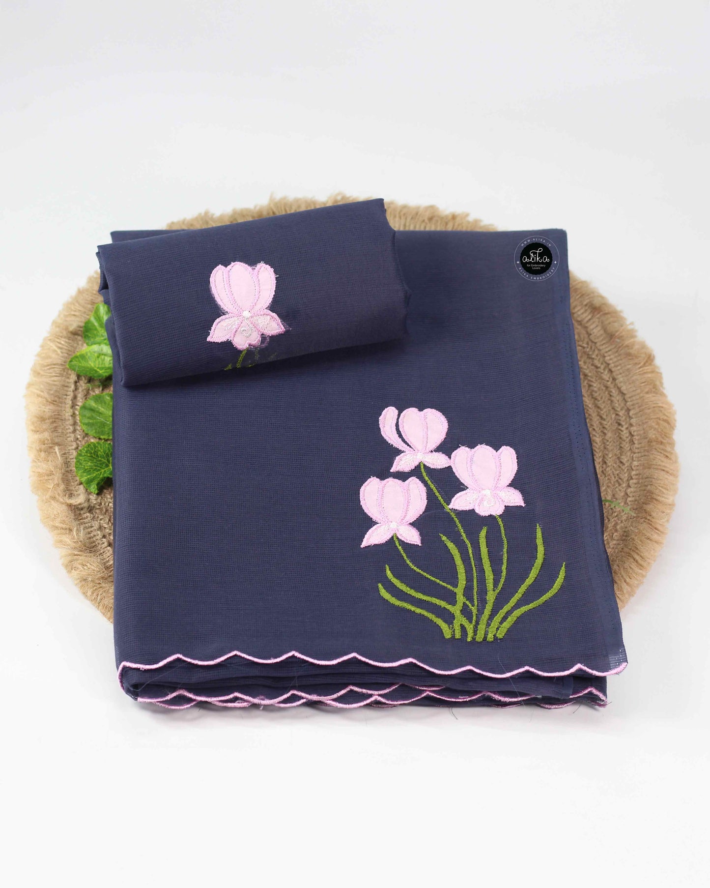 Dark Gray Kota Saree with Floral Applique Work