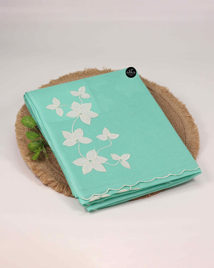 Light Teal Green Cotton Kota Saree with Appliqué Work &amp; Cream Phulkari Blouse