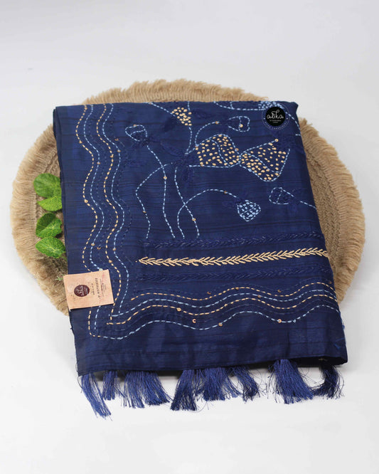 Navy Blue Semi Silk Saree with Floral Hand Embroidery