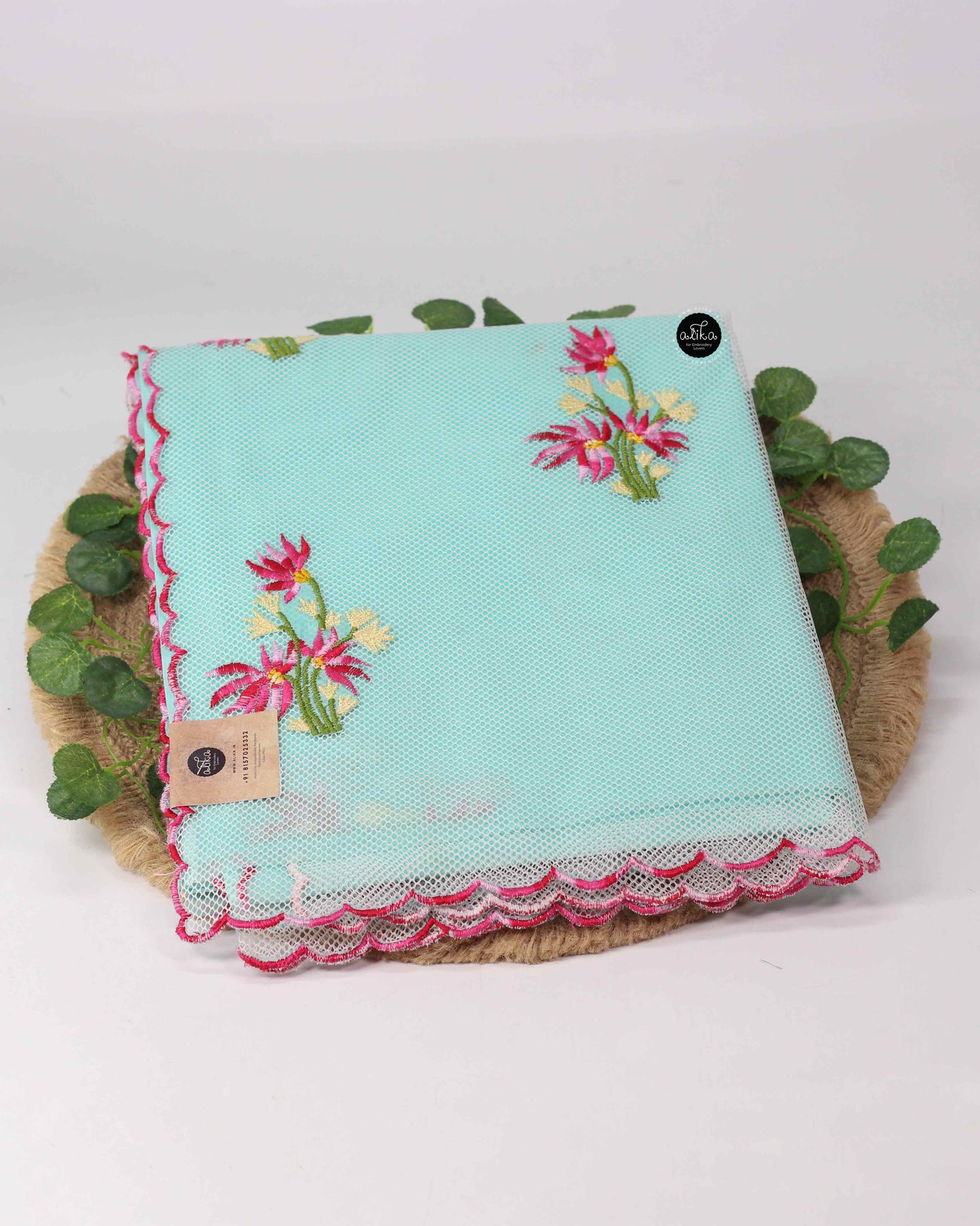 Bright Blue Organdy Saree with Floral Machine Embroidery