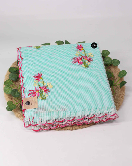 Bright Blue Organdy Saree with Floral Machine Embroidery