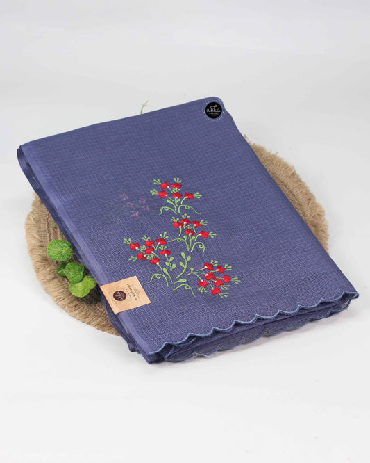Bluish gray Silky Kota Saree with Floral Machine Embroidery