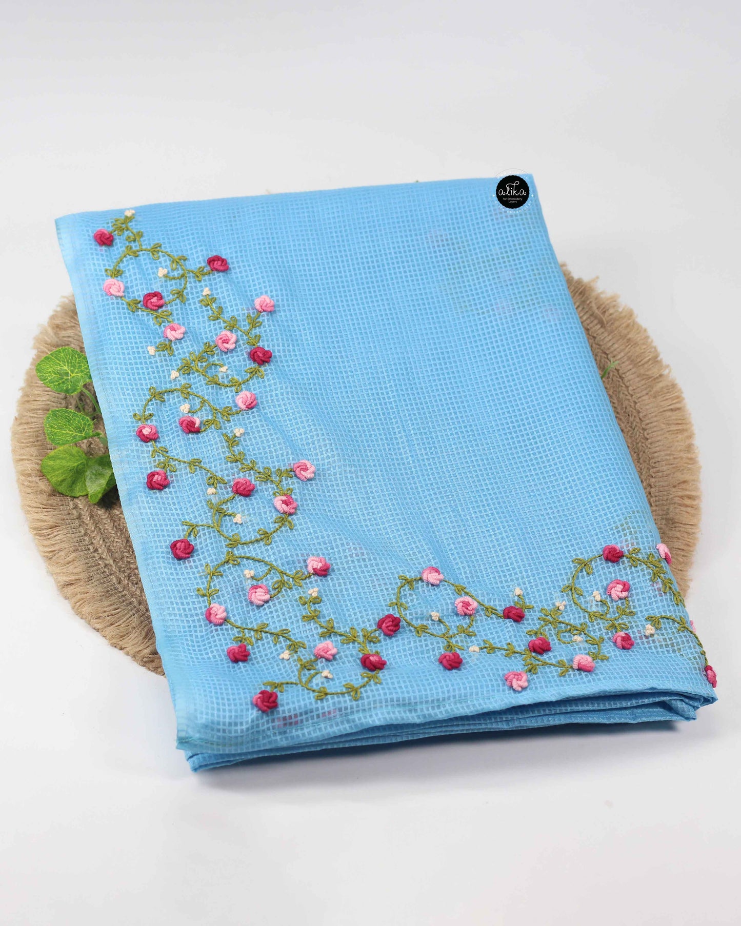Bright Blue Bagalpuri Silk Saree with Floral Hand Embroidery: