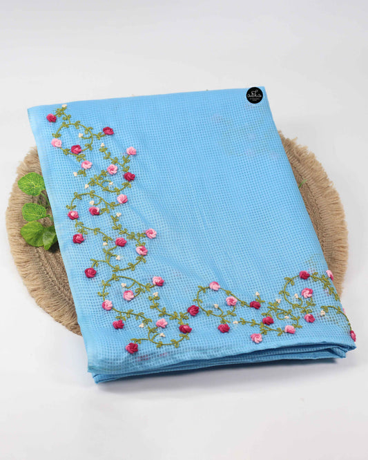 Bright Blue Bagalpuri Silk Saree with Floral Hand Embroidery: