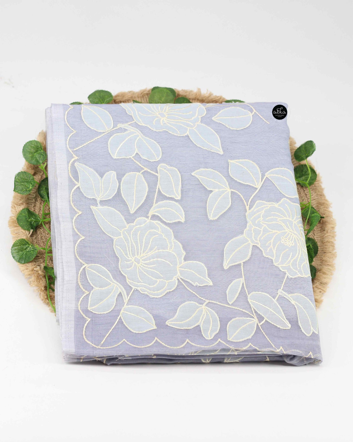 Light Blue Gray Kota Saree with Floral Applique Work – Elegant Ethnic Wear