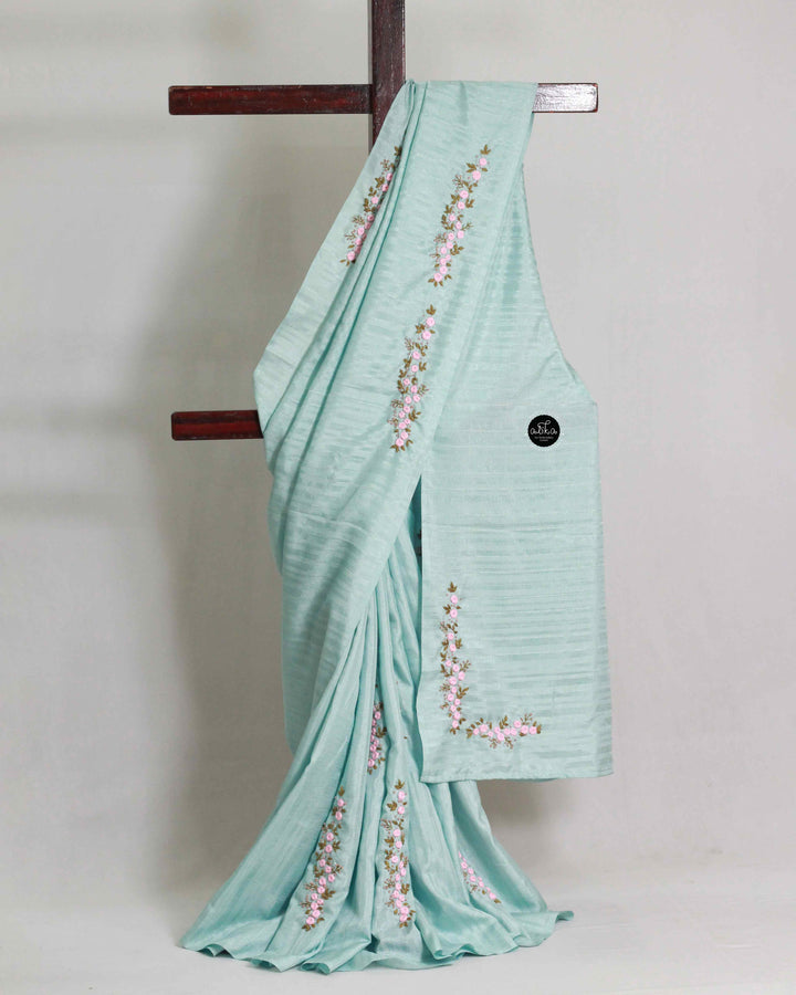 Pastel Blue Semi Silk Saree with Floral Hand Embroidery