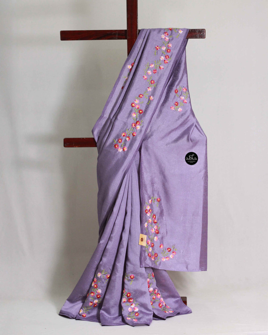 Lilac Soft Semi Silk Saree with Floral Hand Embroidery