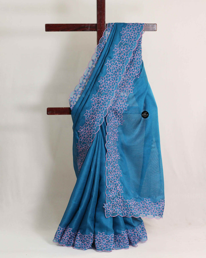 Teal Blue Silky Kota Saree with Floral Appliqué Border
