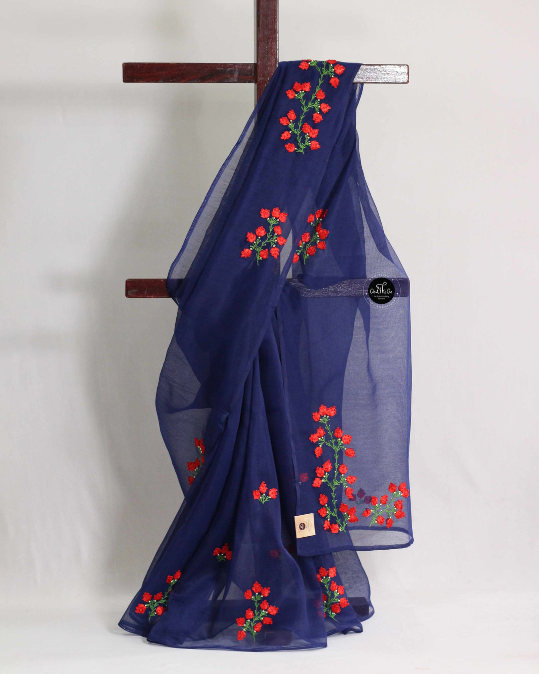 Navy Blue Kota Saree with Floral Red Ribbon Work