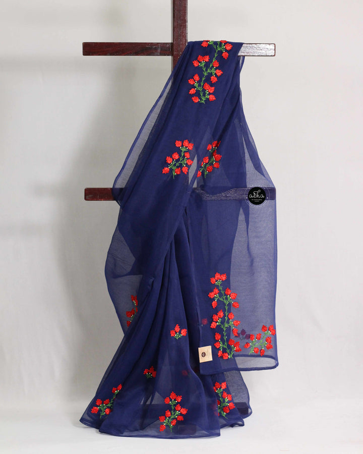 Navy Blue Kota Saree with Floral Red Ribbon Work