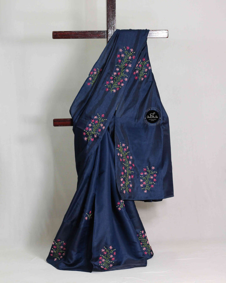 Navy Blue Designer Silk Saree with Floral Hand Embroidery &amp; Bead Work