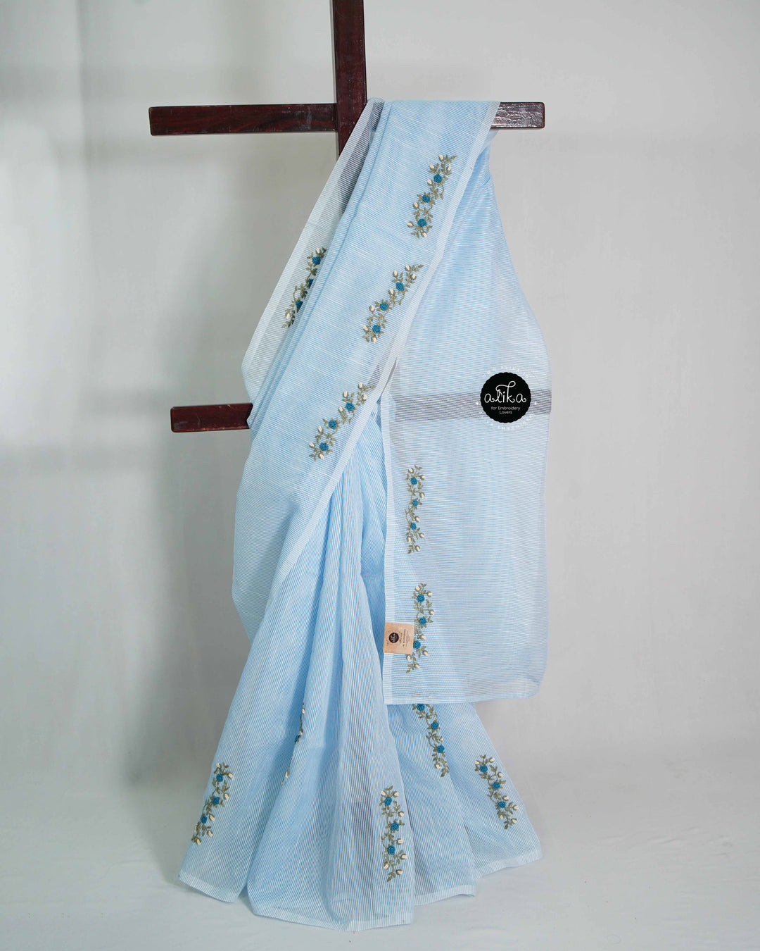 Light Blue Kota Saree with Floral Hand Embroidery