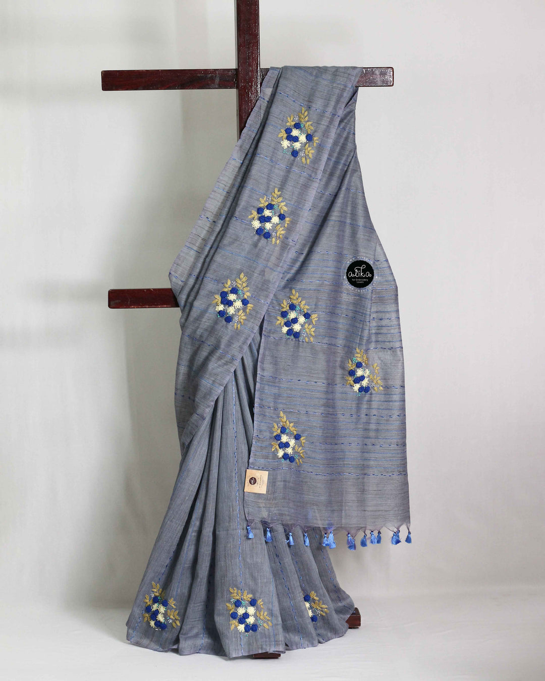 Gray Blue Bamboo Silk Saree with Floral Hand Embroidery and Bead Embellishments