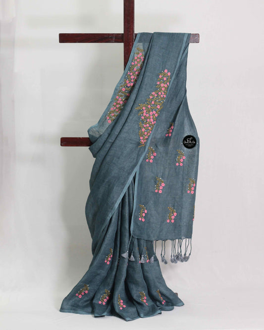 Dark green gray Pure Linen Saree with Floral Hand Embroidery and Bead Work
