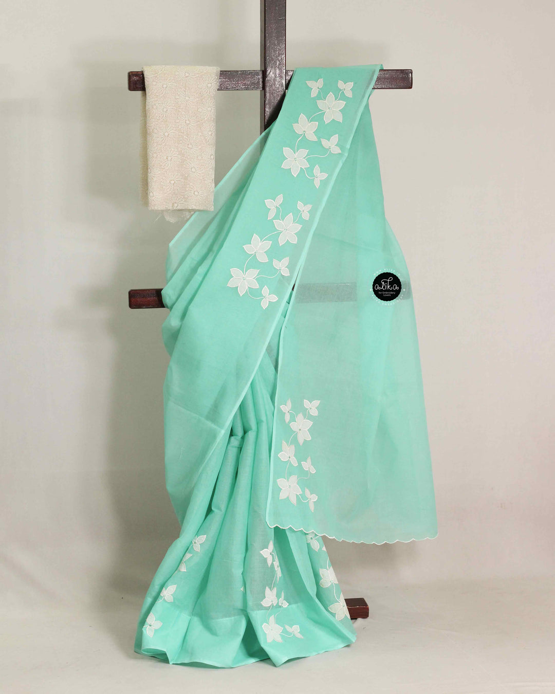Light Teal Green Cotton Kota Saree with Appliqué Work &amp; Cream Phulkari Blouse