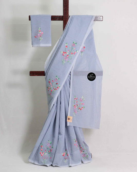 Gray Kota Saree with Floral Shadow Embroidery