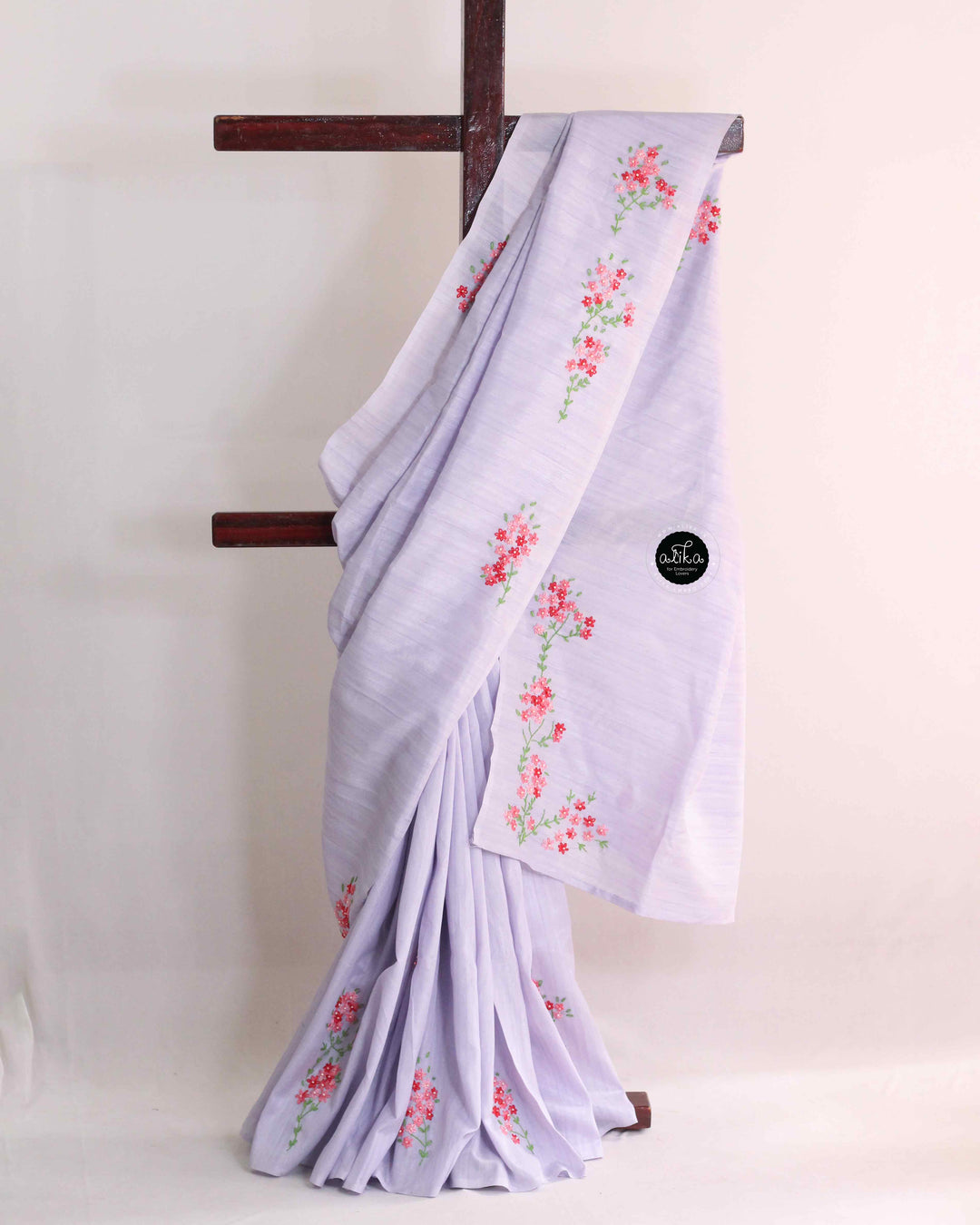 Lavender Mist Semi Silk Saree with Lazy Daisy Hand Embroidery &amp; Bead Work – Ethereal Elegance