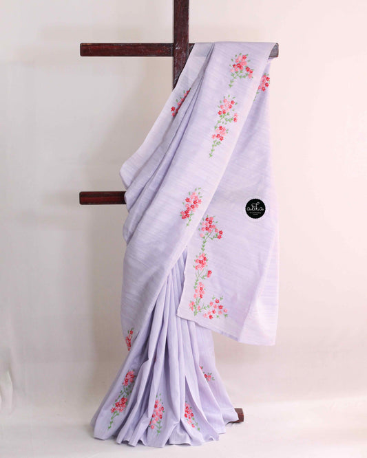 Lavender Mist Semi Silk Saree with Lazy Daisy Hand Embroidery & Bead Work – Ethereal Elegance | Alika Fashion Store