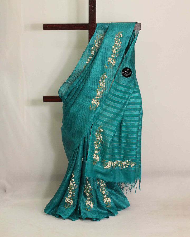 Deep Aqua Blue Pure Tussar Silk Saree with Floral Hand Embroidery