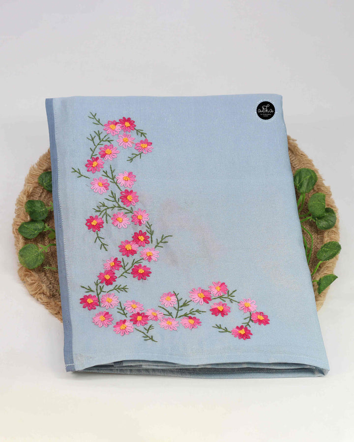 Ice Blue Designer Silk Saree with Multi Colour Floral Hand Embroidery