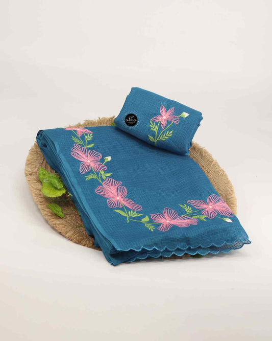 Sapphire Blue Soft Check Kota Saree with Elegant Floral Machine Embroidery – Alika Fashion Store