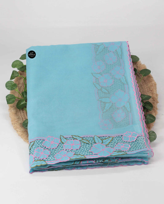 Bright Blue Kota Saree with Pink Floral Cutwork