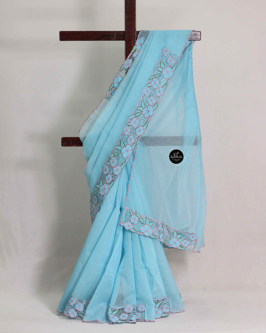 Bright Blue Kota Saree with Floral Peach Cutwork