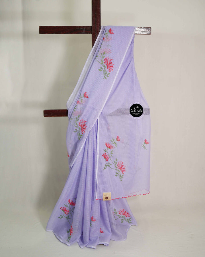 Lavender Cotton Kota Saree with Floral Cross Stitch Embroidery