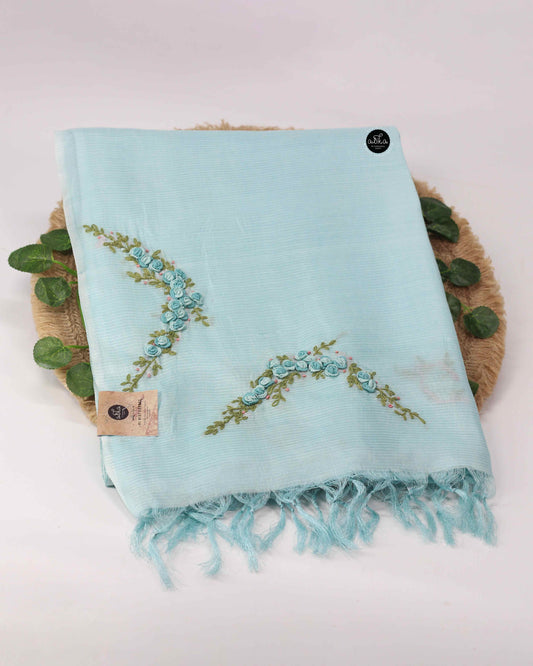 Light Blue Semi Tussar Silk Saree with Floral Embroidery