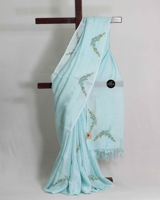 Light Blue Semi Tussar Silk Saree with Floral Embroidery