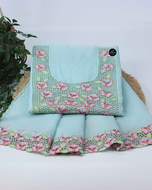 Light Blue Unstitched Kota Top and Dupatta Material with Floral Twine Cutwork