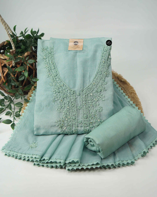 Light Aqua Green Chanderi Unstitched Salwar Set with Floral Hand Embroidery