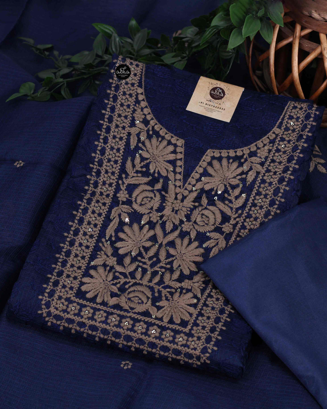 Navy Blue Silky Kota Salwar Set with Floral Embroidery and Sequin Work