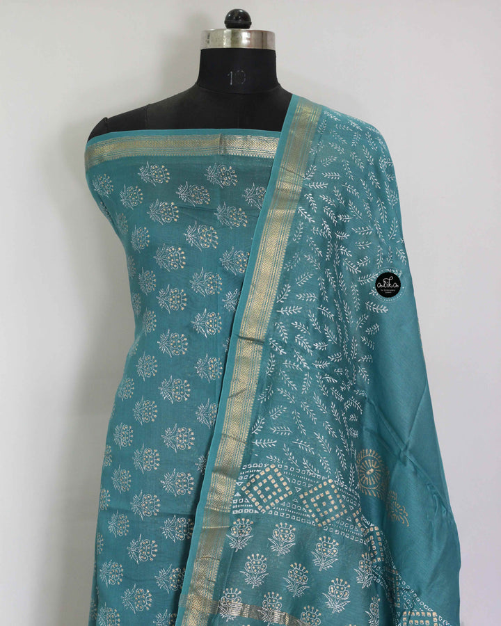 Blue Mangalgiri Silk Unstitched Salwar Set with Floral Print