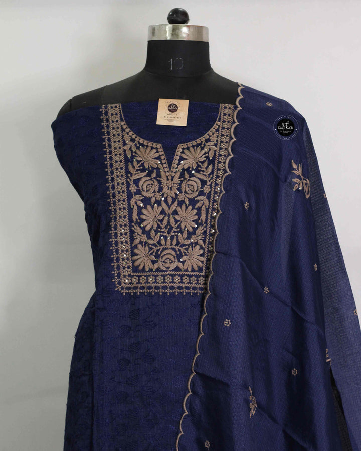 Navy Blue Silky Kota Salwar Set with Floral Embroidery and Sequin Work