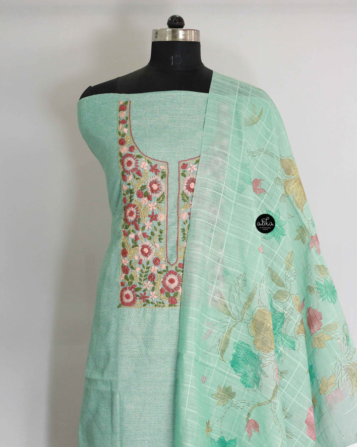 Light Aqua Green Chanderi Cotton Unstitched Salwar Set with Floral Hand Embroidery