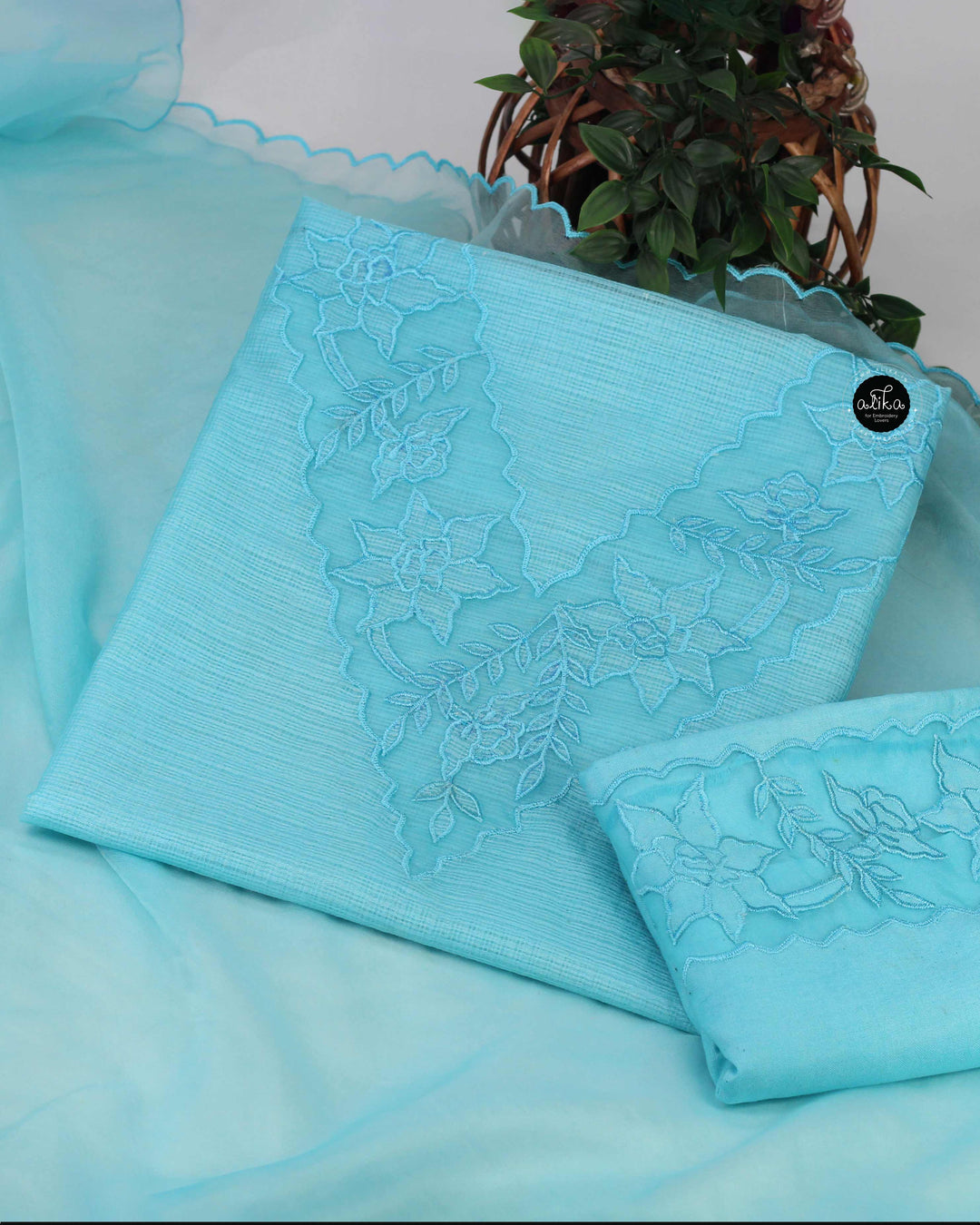 Pastel Blue Silky Kota Unstitched Salwar Suit Set with Appliqué Border