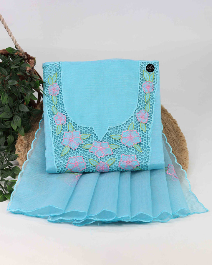 Light Blue Kota Unstitched Top &amp; Dupatta with Floral Cutwork Embroidery