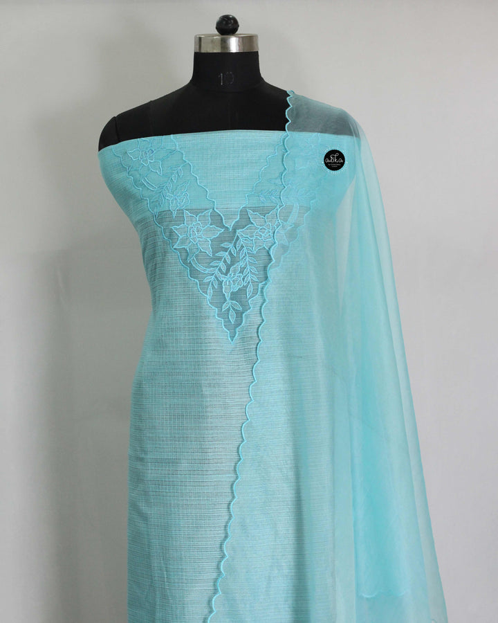 Pastel Blue Silky Kota Unstitched Salwar Suit Set with Appliqué Border