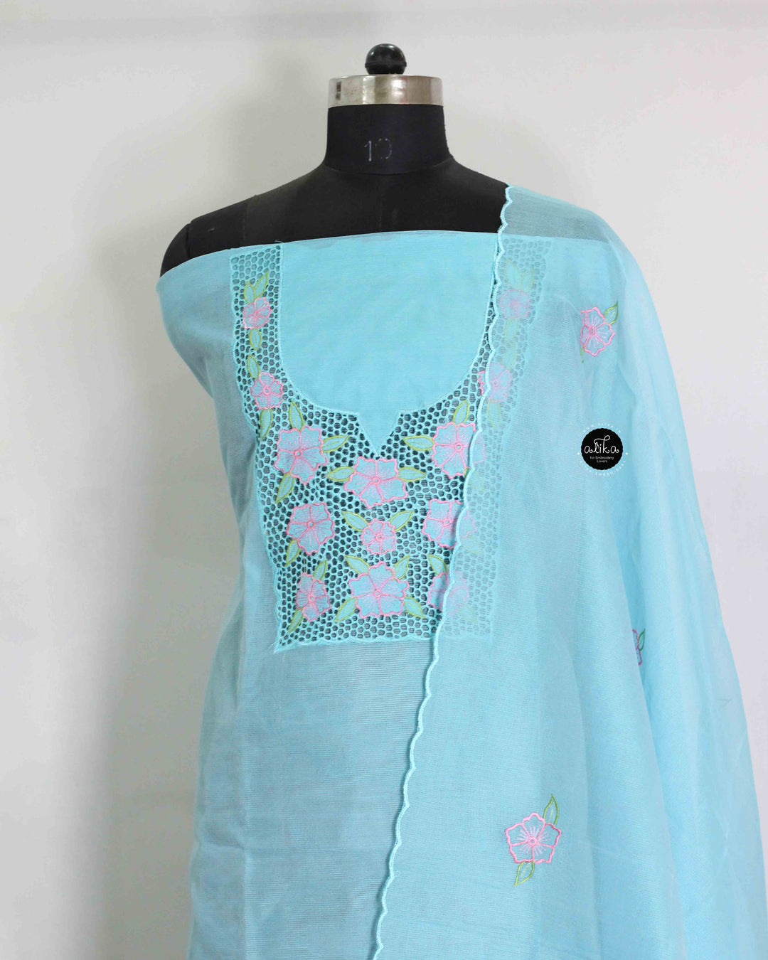 Light Blue Kota Unstitched Top &amp; Dupatta with Floral Cutwork Embroidery