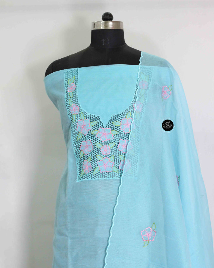 Light Blue Kota Unstitched Top &amp; Dupatta with Floral Cutwork Embroidery