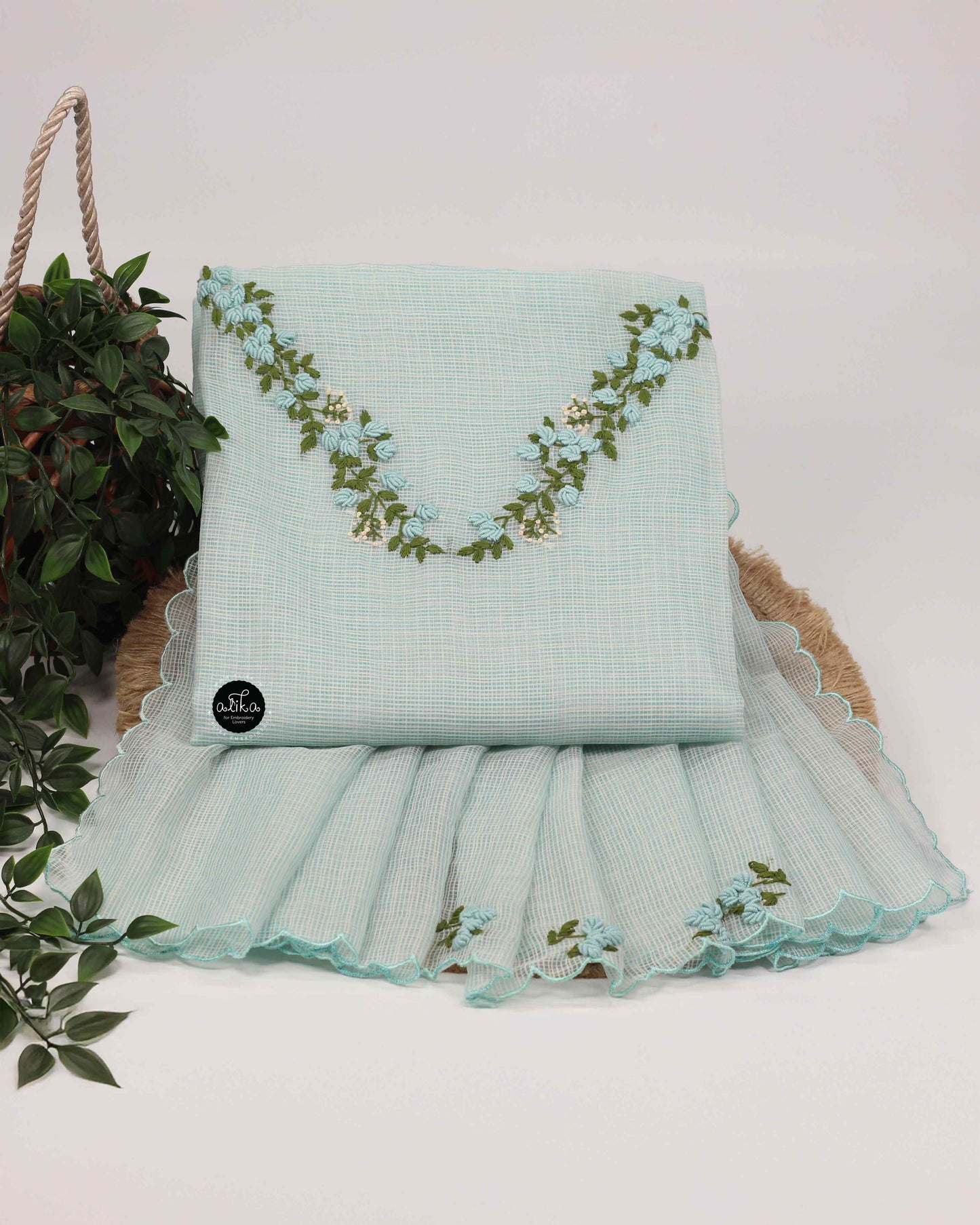 Light Blue Kota Unstitched Top & Dupatta Set with Floral Hand Embroidery – Alika Fashion Store