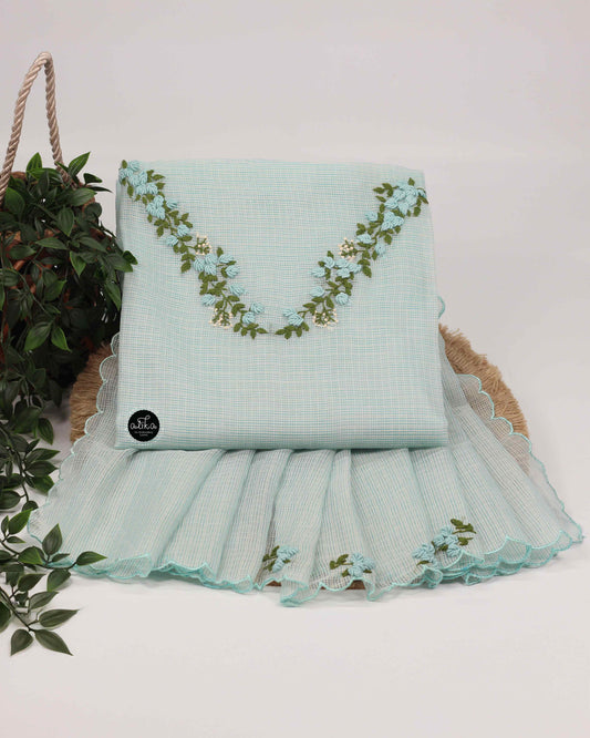 Light Blue Kota Unstitched Top & Dupatta Set with Floral Hand Embroidery – Alika Fashion Store