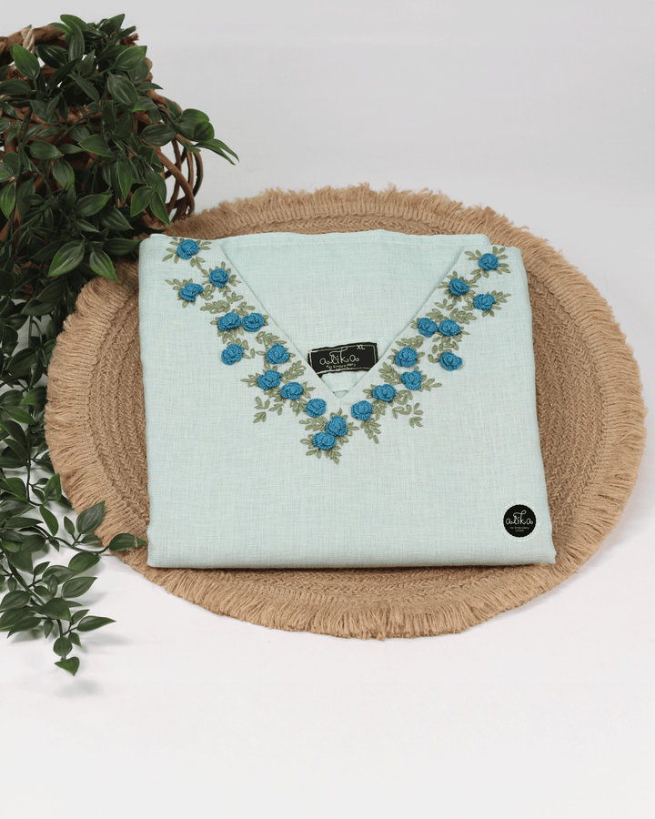 Light Blue Semi linen Stitched Kurti with Floral Hand Embroidery on Neckline