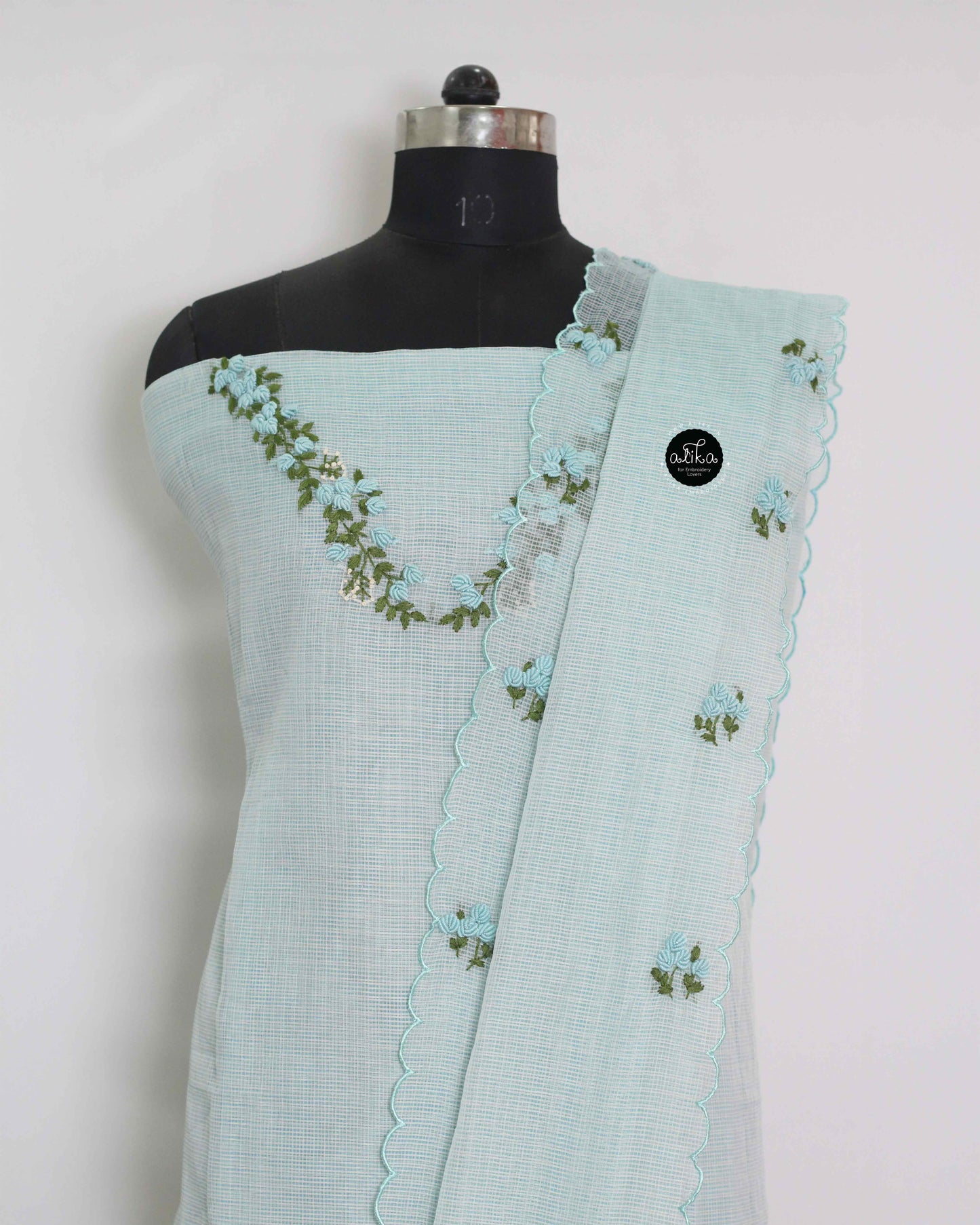 Light Blue Kota Unstitched Top & Dupatta Set with Floral Hand Embroidery – Alika Fashion Store