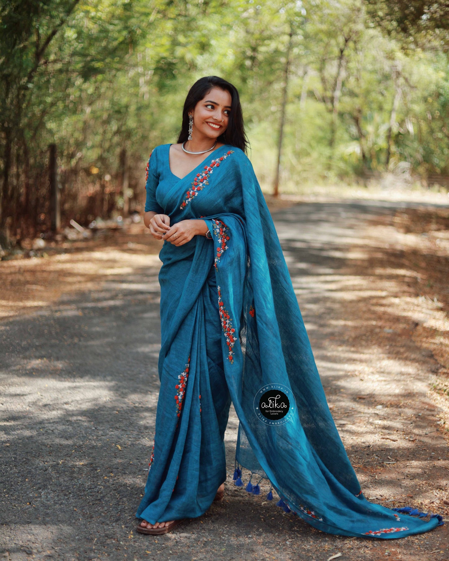Dusk Blue Linen Saree with Hand Embroidery