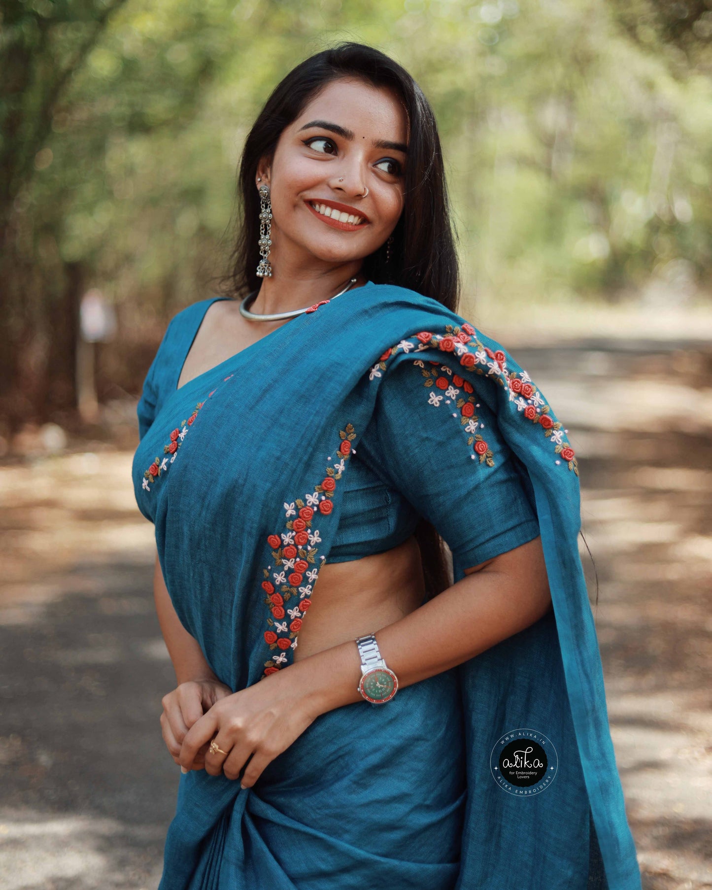 Dusk Blue Linen Saree with Hand Embroidery