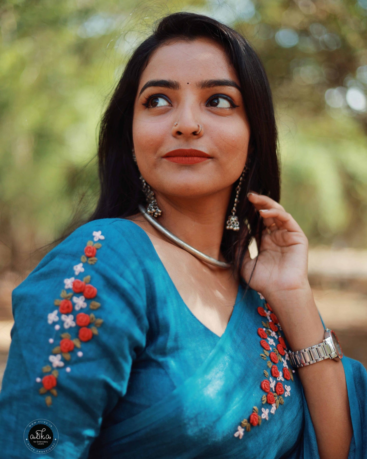 Dusk Blue Linen Saree with Hand Embroidery